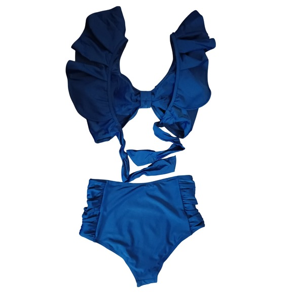 PEDDNEY Royal Blue Ruffle Bow High Waisted Bikini Set Women's Size S - Picture 3 of 6